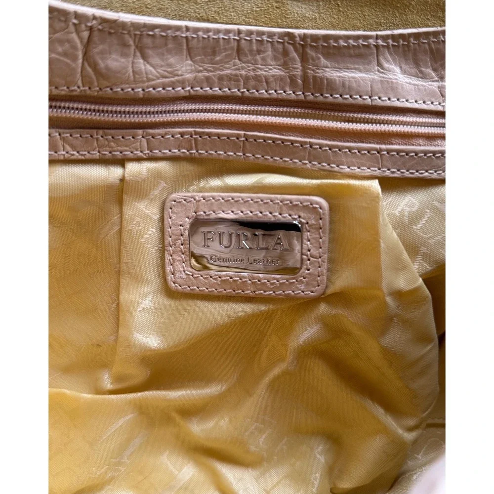Y2K VTG Furla Crocodile Embossed Leather Hobo Pale Yellow Handbag Coquette Cute - Picture 6 of 7